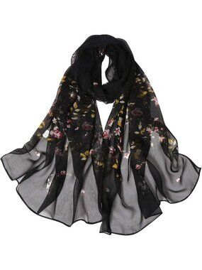 Women's Black Fashion Lightweight Head Scarf Floral Print Chiffon Scarves